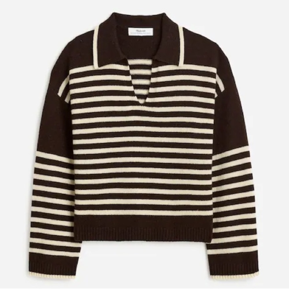 Madewell V-Neck Striped Expresso Brown and Cream Sweater Sz S